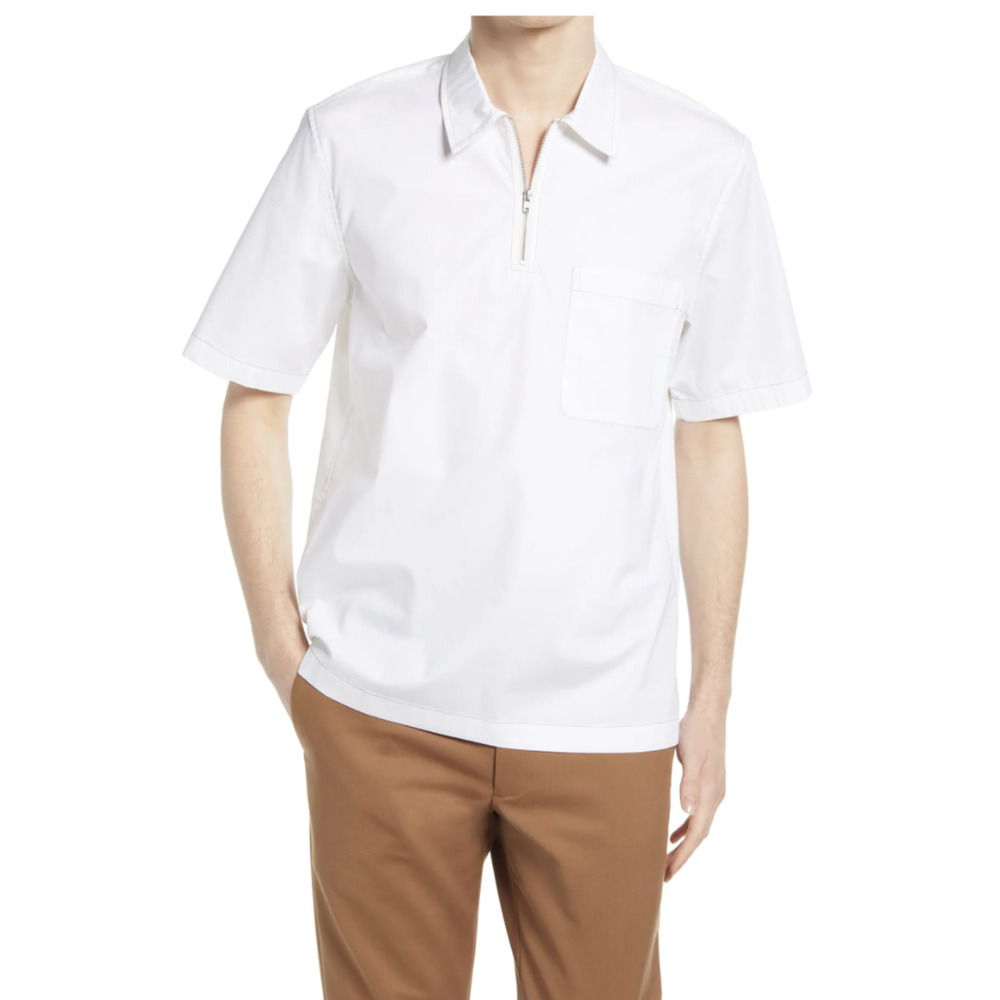 Club Monaco Men's Quarter Zip Popover Shirt Short Sleeve Size S Chemise White